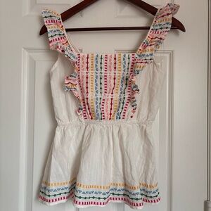 Savanna Jane White Embroidered Shirt Top Yellow Red Blue Short Sleeve Peplum